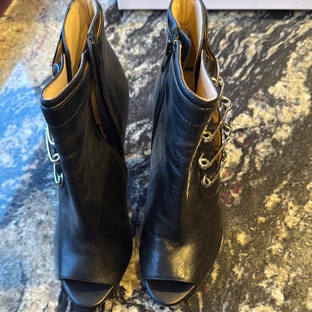 Black Leather Peep Toe Ankle Boots
